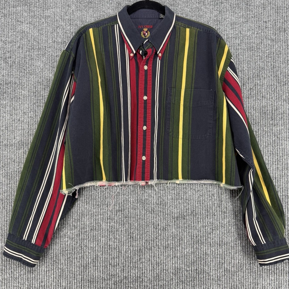 Ivy Crew Cropped Striped Button Up Shirt Mens Extra Large Boxy Raw Hem Vintage